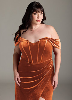 Azazie Jas Bridesmaid Dresses Burnt Orange Sheath Off-The-Shoulder Corset Velvet Convertible Dress image14