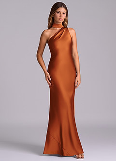 Azazie Seona Robes de demoiselle d'honneur Robe Sirène en Satin extensible Ue épaule Cannelle image3