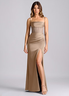 Azazie Alyce Jurken voor bruidsmeisjes Converteerbaar Jurk van Stretch Satijn met Zeemeermin Off the Shoulder Taupe image5