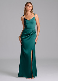 Azazie Leo Bridesmaid Dresses Peacock Sheath Pleated Stretch Satin Dress image1