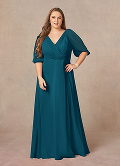 Azazie Bronwyn vestidos de madre de la novia Vestido de Azul Tinta de Gasa de Corte En A con Cuello de pico fruncido image6