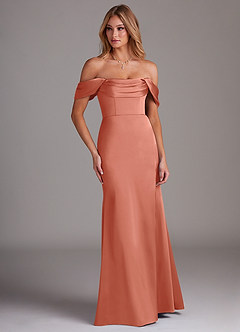 Azazie Saige Abiti da Damigella Abito Tubino in Raso Elasticizzato a Spalla Scoperta Salmone Rosa image4