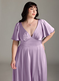 Azazie Kimber Bridesmaid Dresses Frosted Lilac A-Line Ruched Stretch Satin Dress image11