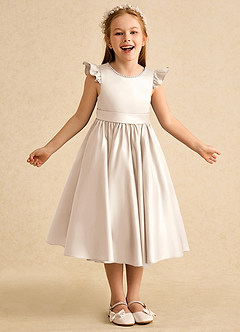 Azazie Dumpling Blumenmädchenkleider A-Linie Schleifen Matte Satin Kleid Alabaster Weiß image2