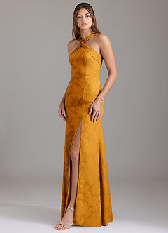 Azazie Rue Robes de demoiselle d'honneur Robe Trapèze en Blumen-Burnout Plissée Caramel écossais image3