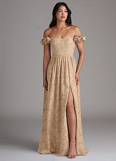Azazie Autumn Bridesmaid Dresses Champagne A-Line Off the Shoulder Floral Burnout Convertible Dress image5