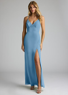 Azazie Becca Bridesmaid Dresses Steel Blue Sheath V-Neck Chiffon Dress image1