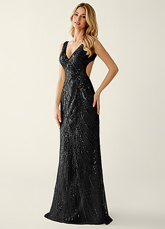 Hazelen Solid Black V-Neck Sequined Lace Tulle Prom Dress image3