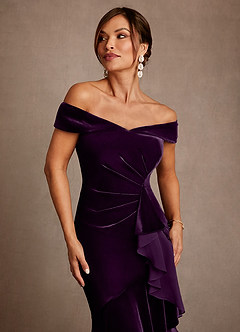 Azazie Billings 신부의 어머니 드레스 인어 오프 더 숄더 벨벳 비대칭 드레스 image7