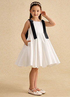 Azazie Stacie Flower Girl Dresses Ivory Black A-Line Bow Matte Satin Dress image2