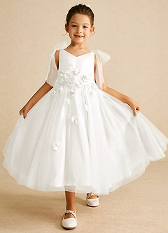 Azazie Minia Flower Girl Dresses Ivory A-Line Bow Matte Satin Dress image1