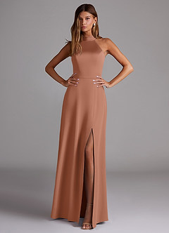 Azazie Myra Abiti da Damigella Abito A-Line in Raso Elasticizzato Spacco Laterale Bronzo image3
