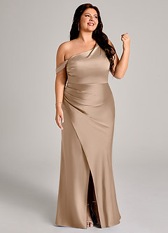 Azazie Madelyn Bridesmaid Dresses Taupe Mermaid One Shoulder Stretch Satin Convertible Dress image4