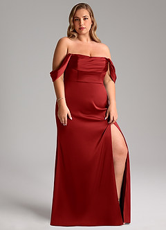 Azazie Saige Bridesmaid Dresses Pomegranate Sheath Off the Shoulder Stretch Satin Dress image13