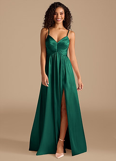 Azazie Alia Bridesmaid Dresses Emerald A-Line Pleated Metallic Satin Dress image8