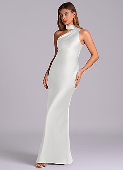 Azazie Seona Robes de demoiselle d'honneur Robe Sirène en Satin extensible Une épaule Blanc image6