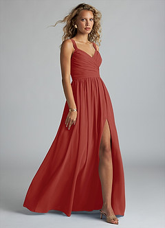 Azazie Aziza Bridesmaid Dresses Terracotta A-Line V-Neck Pleated Chiffon Dress image3