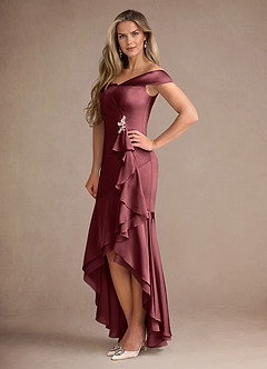 Azazie Billings Moeder van de bruid jurken Zeemeermin Jurk van Stretch Satijn Off the Shoulder Merlot image2
