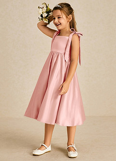 Azazie Chelsie Blumenmädchenkleider A-Linie Schleifen Matte Satin Kleid Rosettenrosa image4