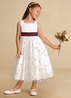 Azazie Pollie Flower Girl Dresses Ivory Cabernet A-Line Bow Tulle Dress image4