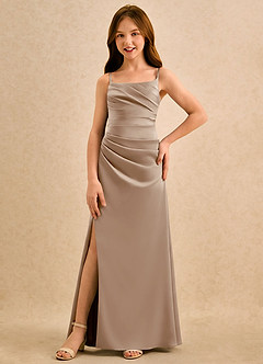 Azazie Cannoli Girls Formal Robe Demoiselle D'honneur Fillette Robe Trapèze en Satin extensible Plissée Taupe image3