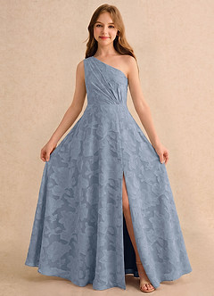Azazie Pudles Girls Formal vestidos de niña de las flores Vestido Azul Polvoriento de Devorado Floral de Línea A con Un hombro image3