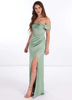 Azazie Breanna Final Sale Agave Sheath Off the Shoulder Stretch Satin Dress image3