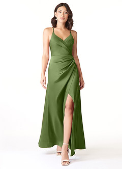 Azazie Geanna Bridesmaid Dresses Juniper Sheath V-Neck Pleated Stretch Satin Dress image1
