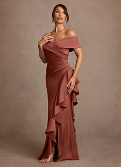 Azazie Kirsty Mother of the Bride Dresses Auburn Sheath Off the Shoulder Stretch Satin Dress image3