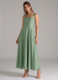 Azazie Shaude Jurken voor bruidsmeisjes Jurk van Stretch Satijn met A-Lijn Geplooid Matcha image4