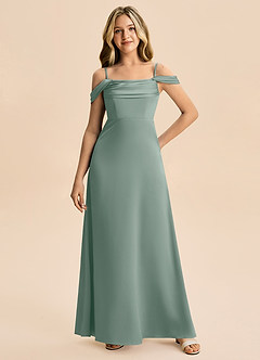 Azazie Lettie Junior Jurk van Stretch Satijn met A-Lijn Off the Shoulder Zilveren Salie image4