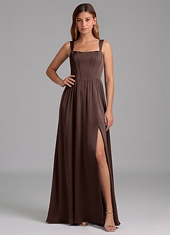 Azazie Rosaline Robes de demoiselle d'honneur Robe Trapèze en Satin extensible Fente Latérale Ganache image1