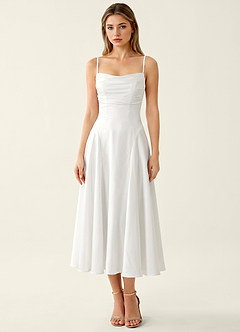 Madeleine White Satin Lace Up Back Midi A-line Graduation Dress image4