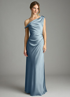Azazie Emerson Vestidos de damas de honor Vestido Azul Polvoriento de Satén Elástico de Corte Sirena con Hombros descubiertos image4