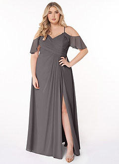 Azazie Dakota Bridesmaid Dresses Steel Grey A-Line V-Neck Pleated Chiffon Dress image6