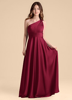 Azazie Charlize Junior Burgundy A-Line Pleated Stretch Satin Dress image4