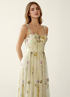 Irisqun Żółty Suknia balowa z tiulu z haftem cekinowym i koralikami w kwiaty 3D image6