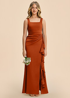 Azazie Adrienne Junior Burnt Orange Sheath Pleated Stretch Satin Dress image3