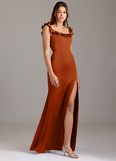 Azazie Callie Bridesmaid Dresses Burnt Orange A-Line Ruched Stretch Satin Convertible Dress image4