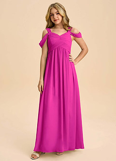 Azazie Lianne Junior Fuchsia A-Line Off the Shoulder Chiffon Dress image3