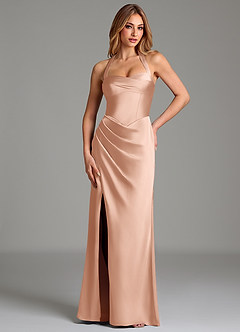 Azazie Serenity Vestidos de damas de honor Vestido Oro Rosa de Satén Elástico de Corte Sirena con Escote corazón image1