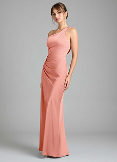 Azazie Madelyn Robes de demoiselle d'honneur Robe Sirène Convertible en Satin extensible Une épaule Corail image6