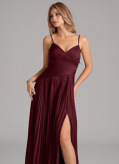 Azazie Vini Bridesmaid Dresses Cabernet A-Line Pleated Stretch Satin Dress image2
