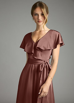 Azazie Lainey Bridesmaid Dresses Espresso A-Line with Pockets Stretch Satin Dress image6