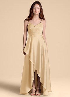 Azazie Prisha Junior Gold A-Line Pleated Stretch Satin Dress image5