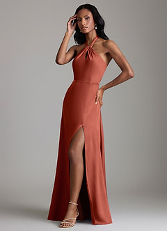 Azazie Tracie Bridesmaid Dresses Terracotta A-Line Side Slit Stretch Satin Dress image4