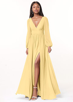 Azazie Norah Brautjungfernkleider A-Linie Lange Ärmel mit V-Ausschnitt Chiffon Kleid Butter image1