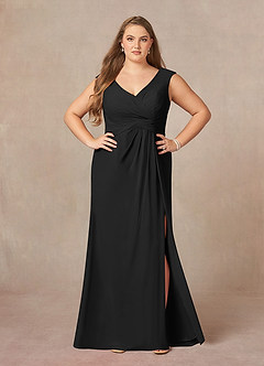 Azazie Sally At-home Try On Dresses Black A-Line V-Neck Pleated Chiffon Dress image8