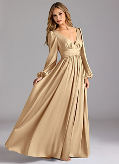 Azazie Norah Robes de demoiselle d'honneur Robe Trapèze en Satin extensible Champagne image3