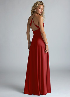 Azazie Davis Bridesmaid Dresses Pomegranate A-Line Pleated Stretch Satin Dress image3